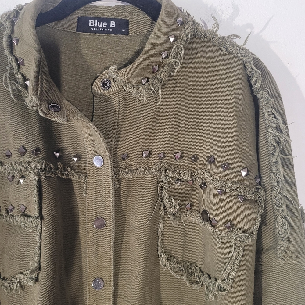 Blue B Collection Studded Army Green Jacket Midweight Cotton Military Distressed - Picture 5 of 11